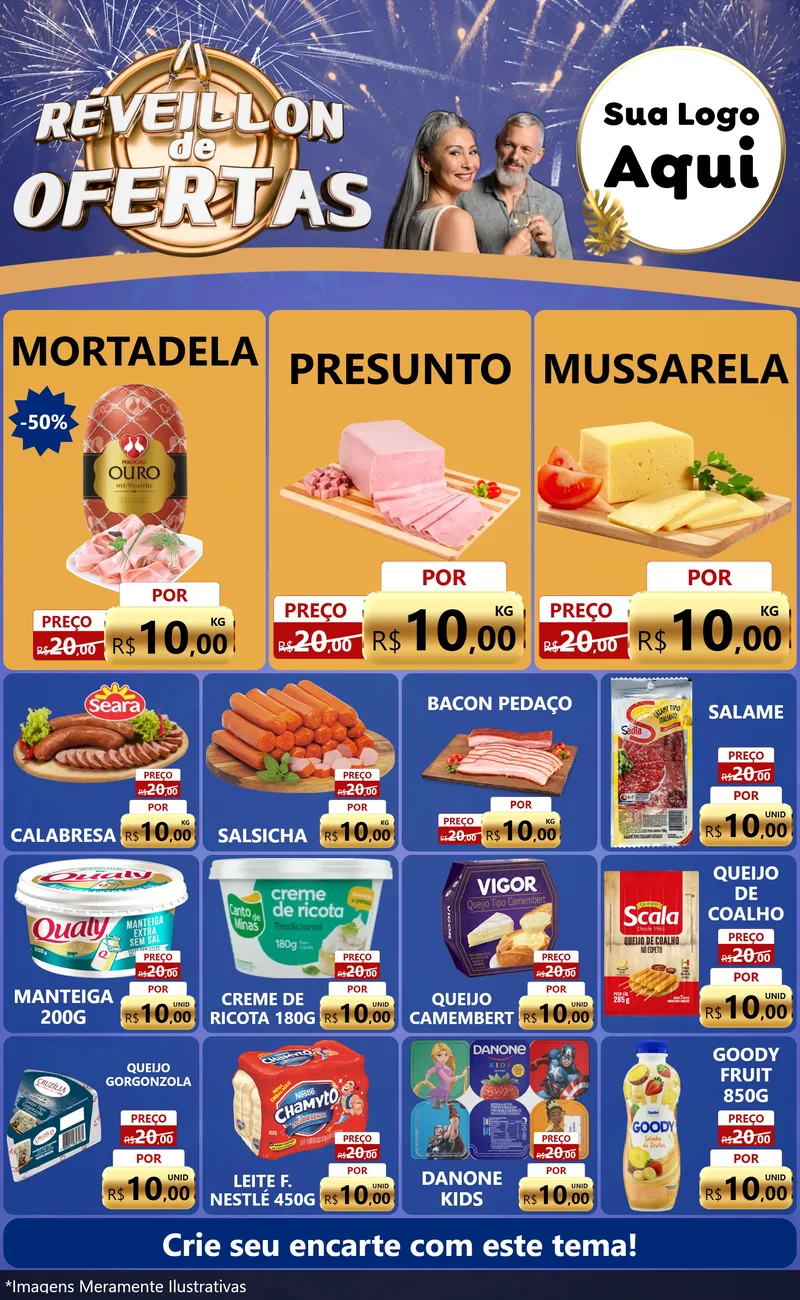 Modelo de Encarte para Encarte Grande com o tema Réveillon de Ofertas para Frios e Laticínios
