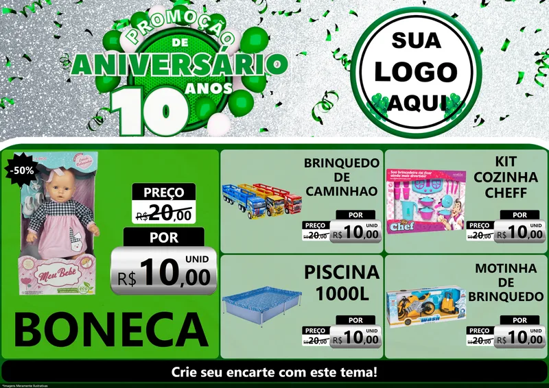 Modelo de Encarte para Encarte A4 Horizontal com o tema Promoção de Aniversário - 10 Anos para Brinquedos