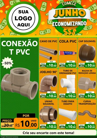 Modelo de Encarte para Encarte A4 Vertical com o tema Comece Junho Economizando para Tubos e conexões