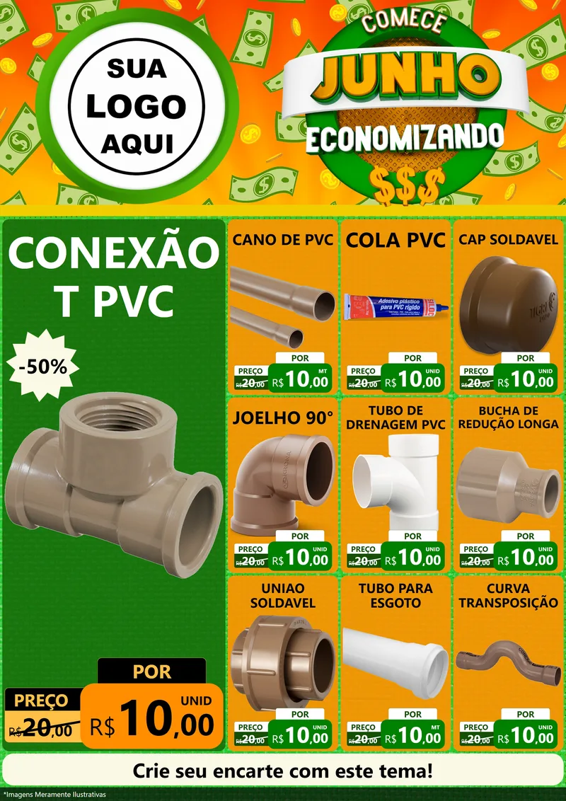 Modelo de Encarte para Encarte A4 Vertical com o tema Comece Junho Economizando para Tubos e conexões