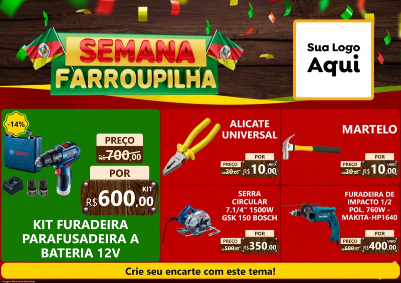 Modelo de Encarte para Encarte A4 Horizontal com o tema Semana Farroupilha para Maquinas e Ferramentas
