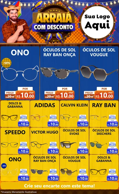 Modelo de Encarte para Encarte Grande com o tema Arraiá Com Desconto para Óticas