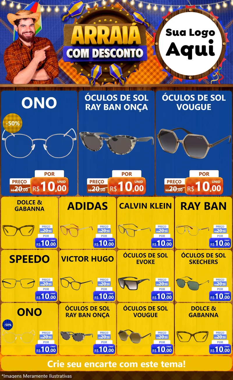 Modelo de Encarte para Encarte Grande com o tema Arraiá Com Desconto para Óticas