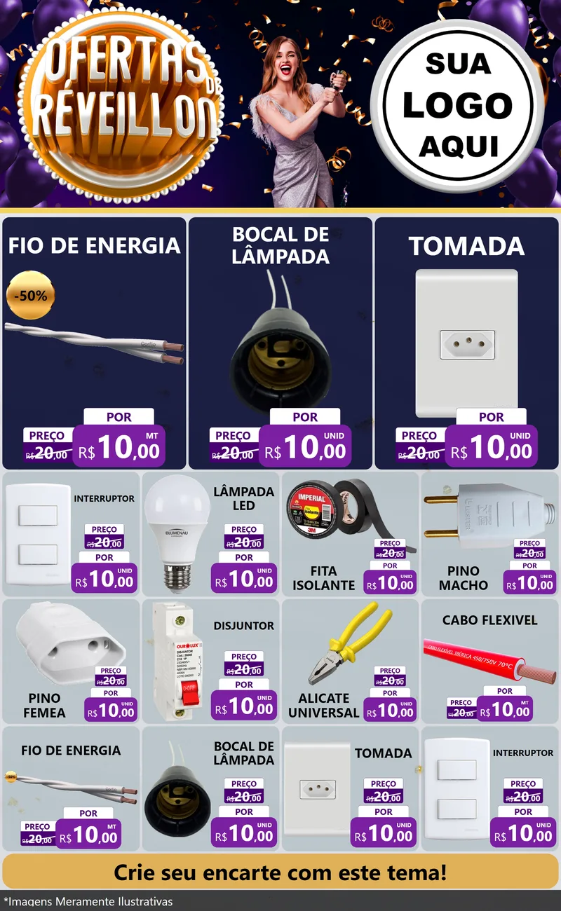 Modelo de Encarte para Encarte Grande com o tema Ofertas de Réveillon para Materiais Elétricos