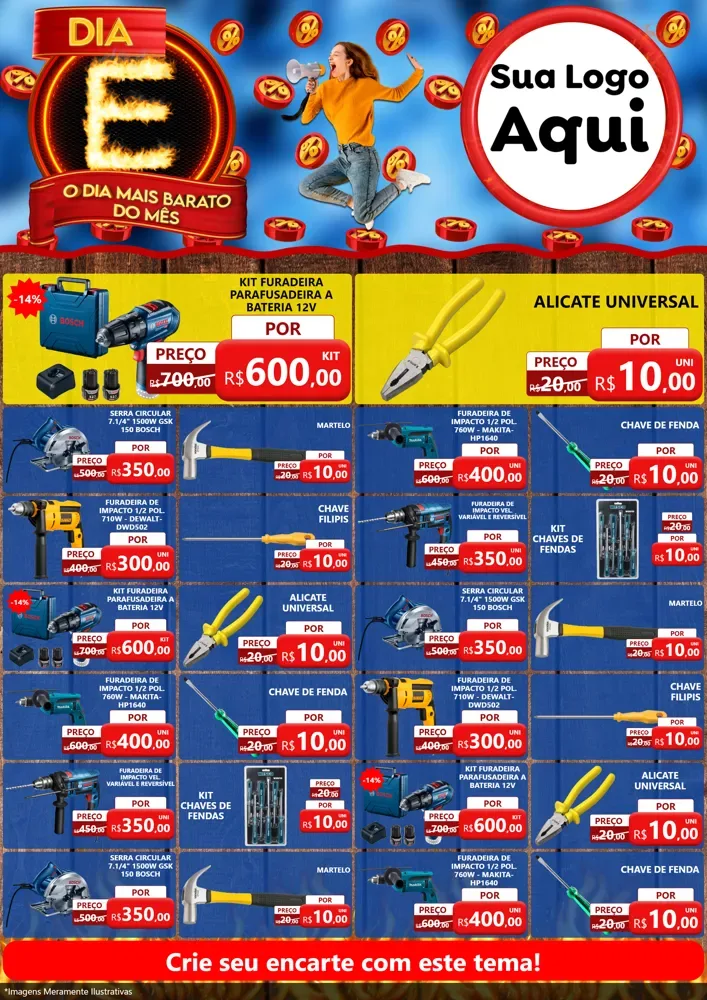 Modelo de Encarte para Encarte A4 Vertical com o tema Dia E - O Dia Mais Barato Do Mês para Maquinas e Ferramentas