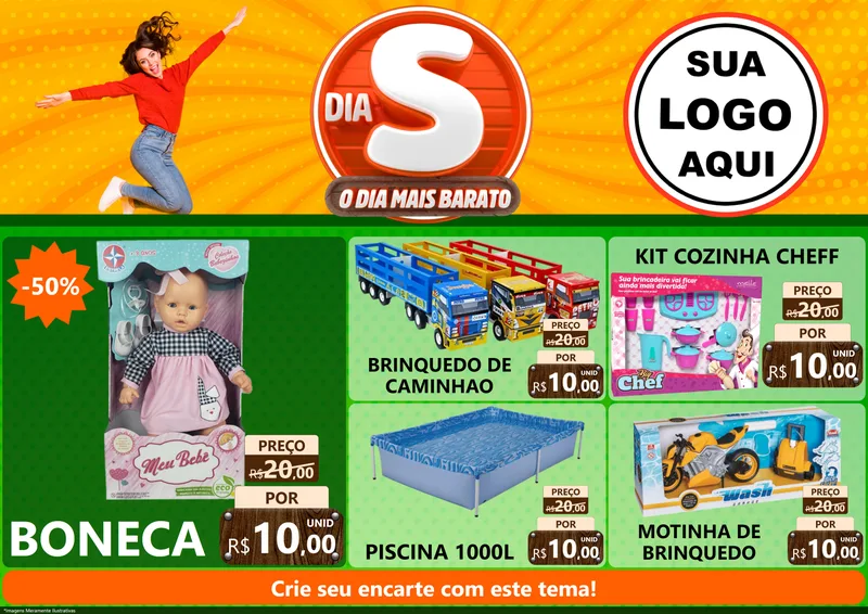 Modelo de Encarte para Encarte A4 Horizontal com o tema Dia S - O Dia Mais Barato para Brinquedos