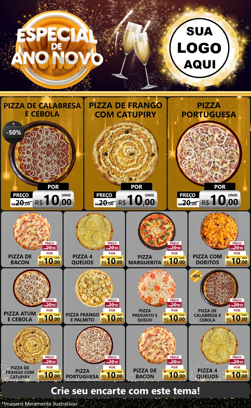 Modelo de Encarte para Encarte Grande com o tema Especial de Ano Novo para Pizzaria