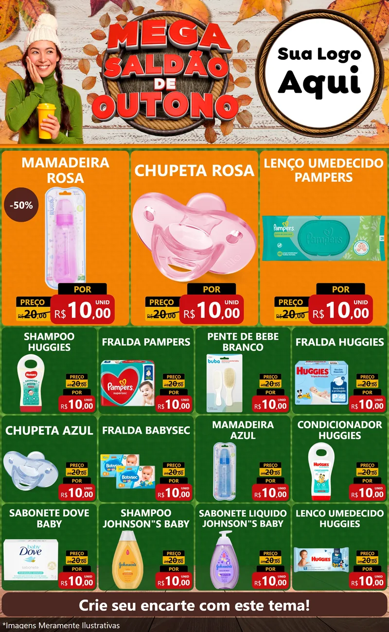 Modelo de Encarte para Encarte Grande com o tema Mega Saldão de Outono para Bebês