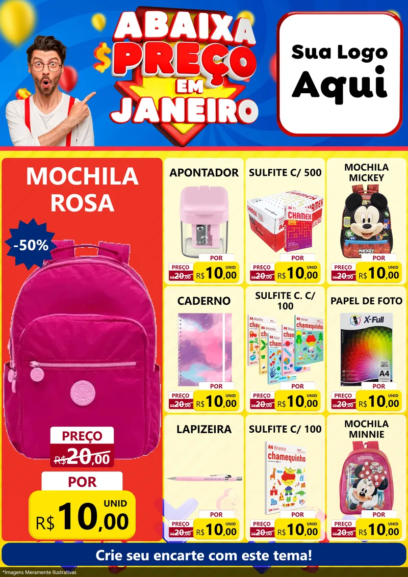 Modelo de Encarte para Encarte A4 Vertical com o tema Abaixa Preço em Janeiro para Papelaria