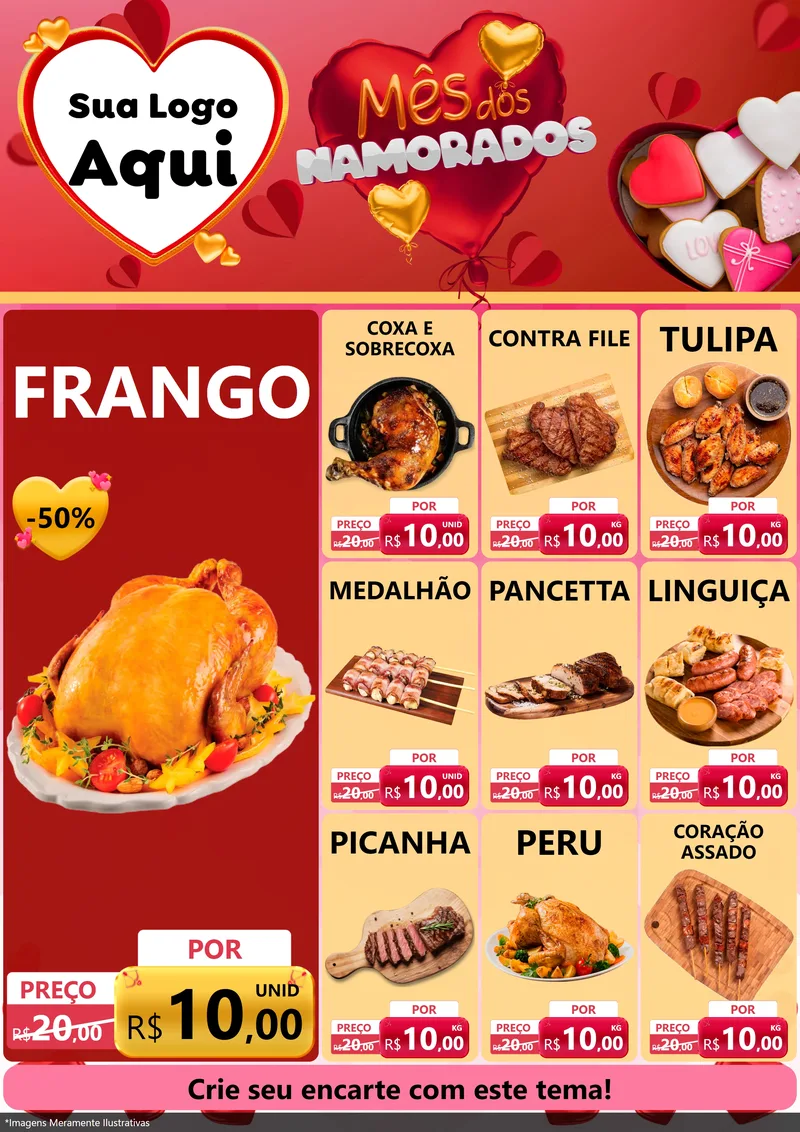 Modelo de Encarte para Encarte A4 Vertical com o tema Mês dos Namorados para Assados