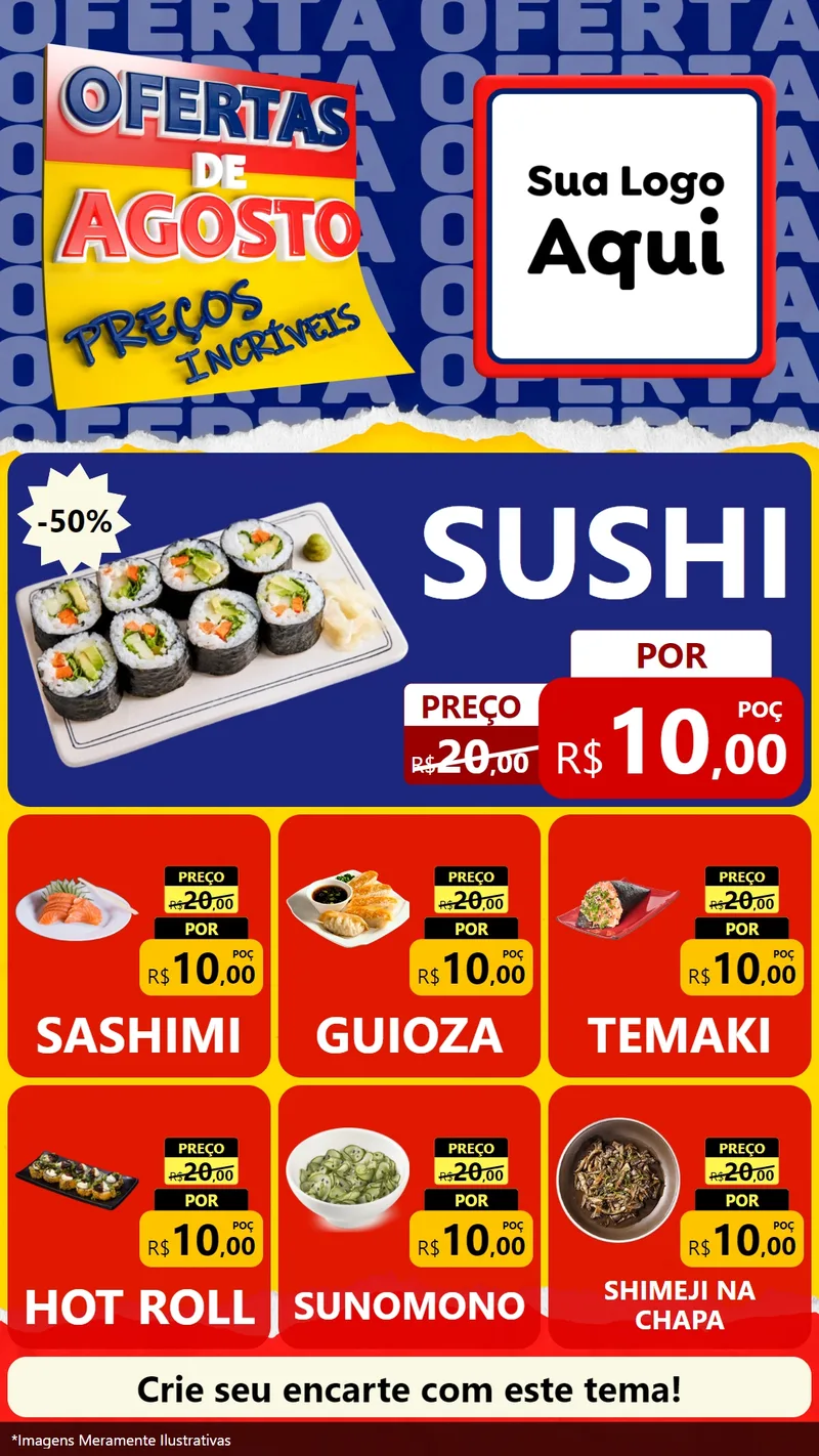 Modelo de Rede Social para Stories com o tema Ofertas de Agosto - Preços Incríveis para Comida japonesa