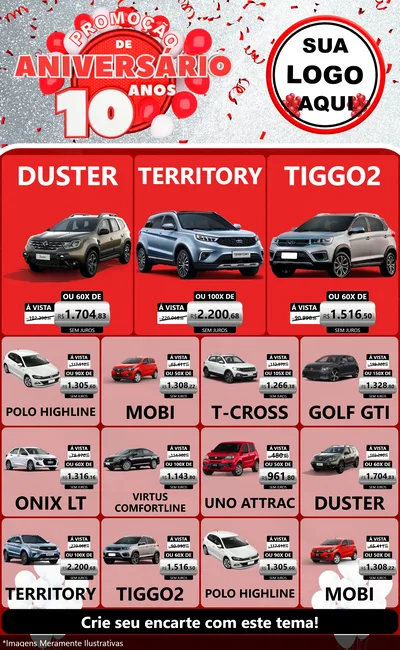 Modelo de Encarte para Encarte Grande com o tema Promoção de Aniversário - 10 Anos para Concessionaria de Carros