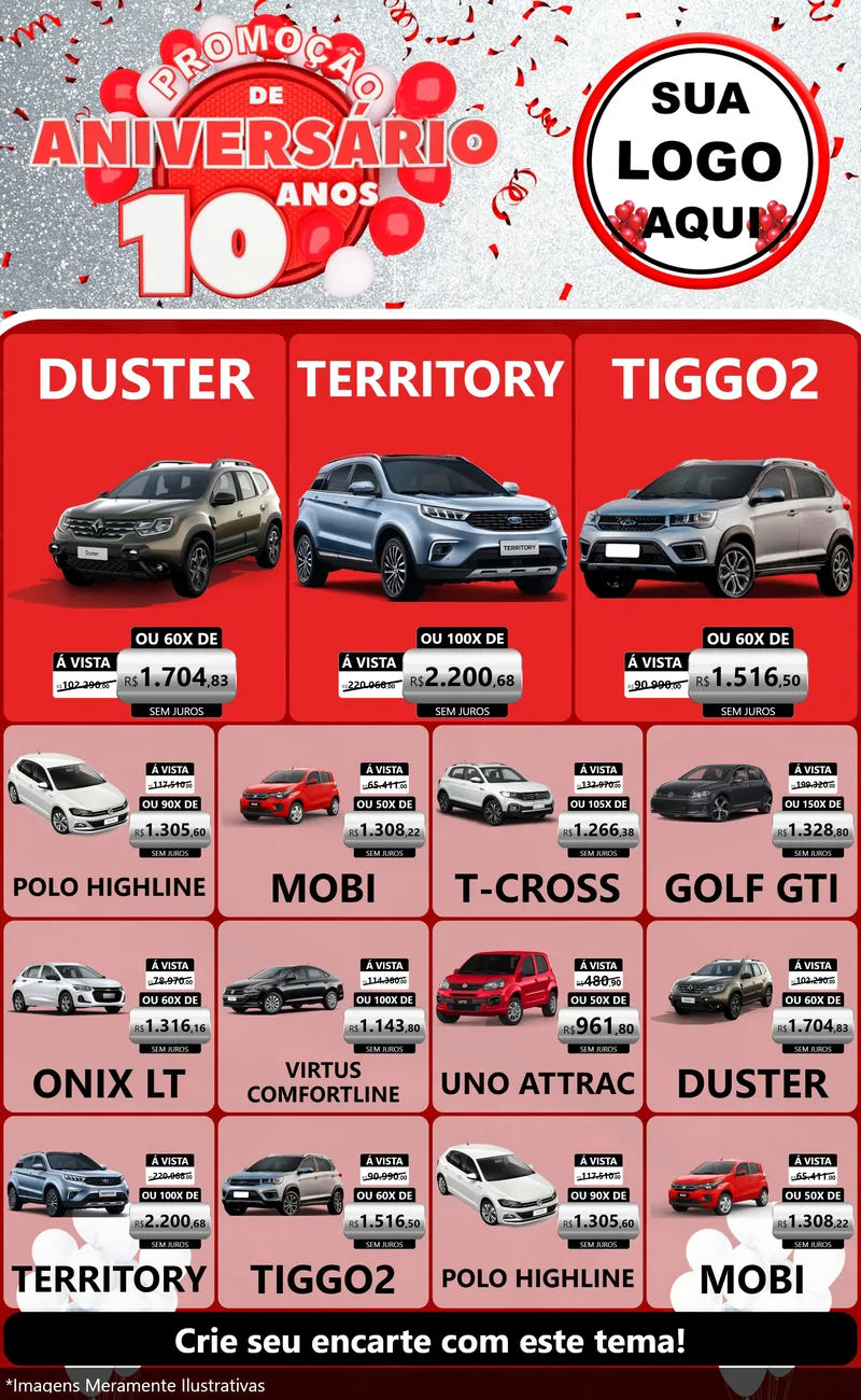 Modelo de Encarte para Encarte Grande com o tema Promoção de Aniversário - 10 Anos para Concessionaria de Carros