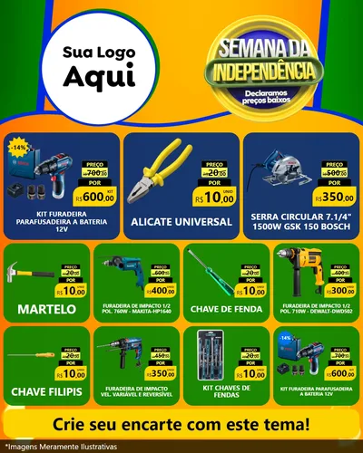 Modelo de Rede Social para Feed Instagram com o tema Semana da Independência Declaramos Preços Baixos para Maquinas e Ferramentas