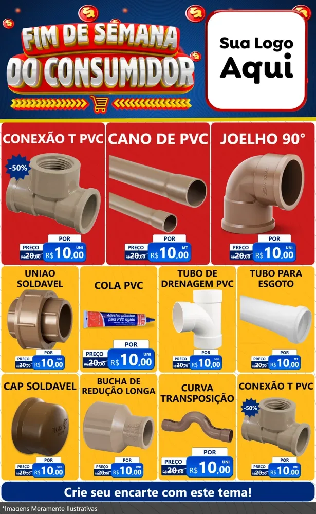 Modelo de Encarte para Encarte Grande com o tema Fim de Semana do Consumidor para Tubos e conexões