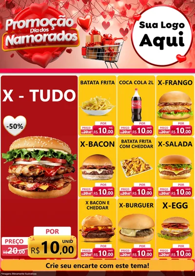 Modelo de Encarte para Encarte A4 Vertical com o tema Promoção Dia dos Namorados para Hamburgueria