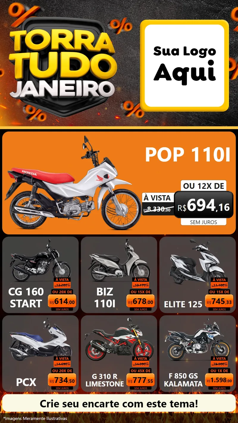 Modelo de Rede Social para Stories com o tema Torra Tudo Janeiro para Concessionaria de Motos