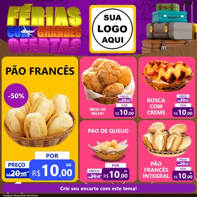 Modelo de Rede Social para Feed Facebook com o tema Férias com Grandes Ofertas para Padaria