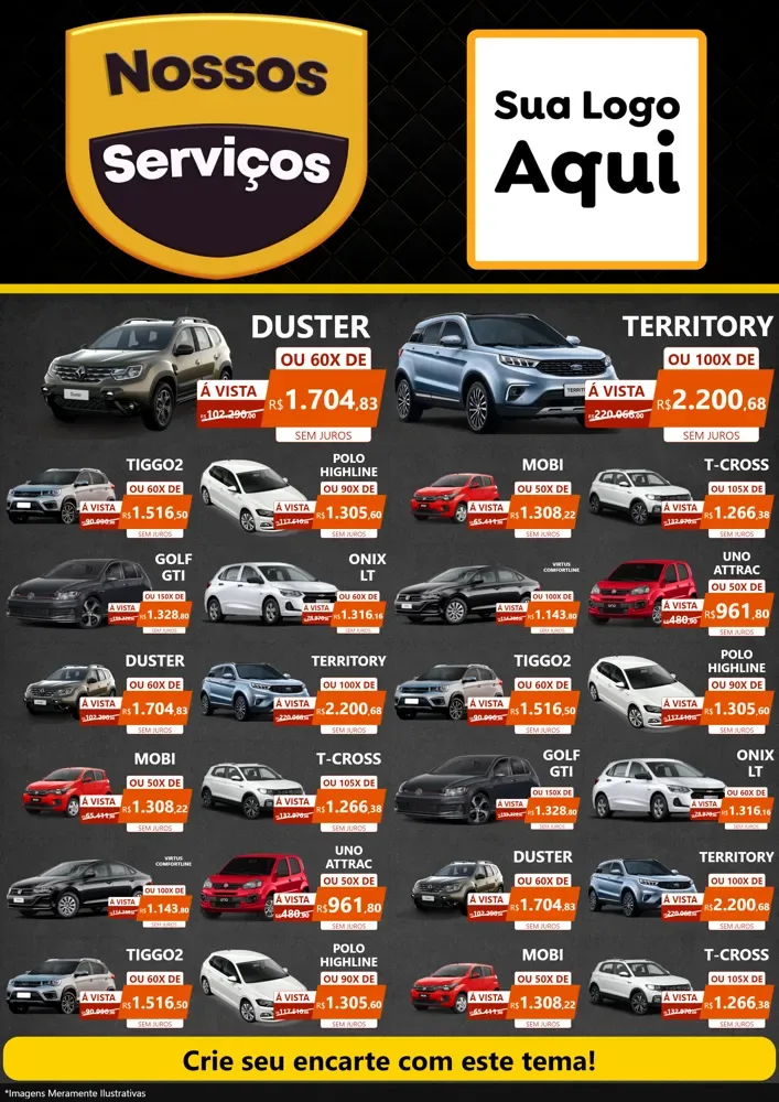 Modelo de Encarte para Encarte A4 Vertical com o tema Nossos Serviços para Concessionaria de Carros