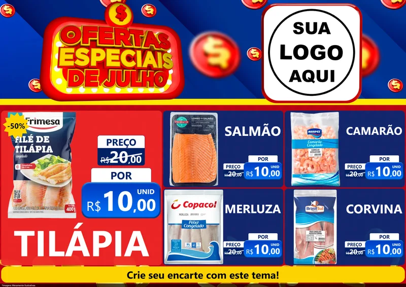 Modelo de Encarte para Encarte A4 Horizontal com o tema Ofertas Especiais de Julho para Peixaria