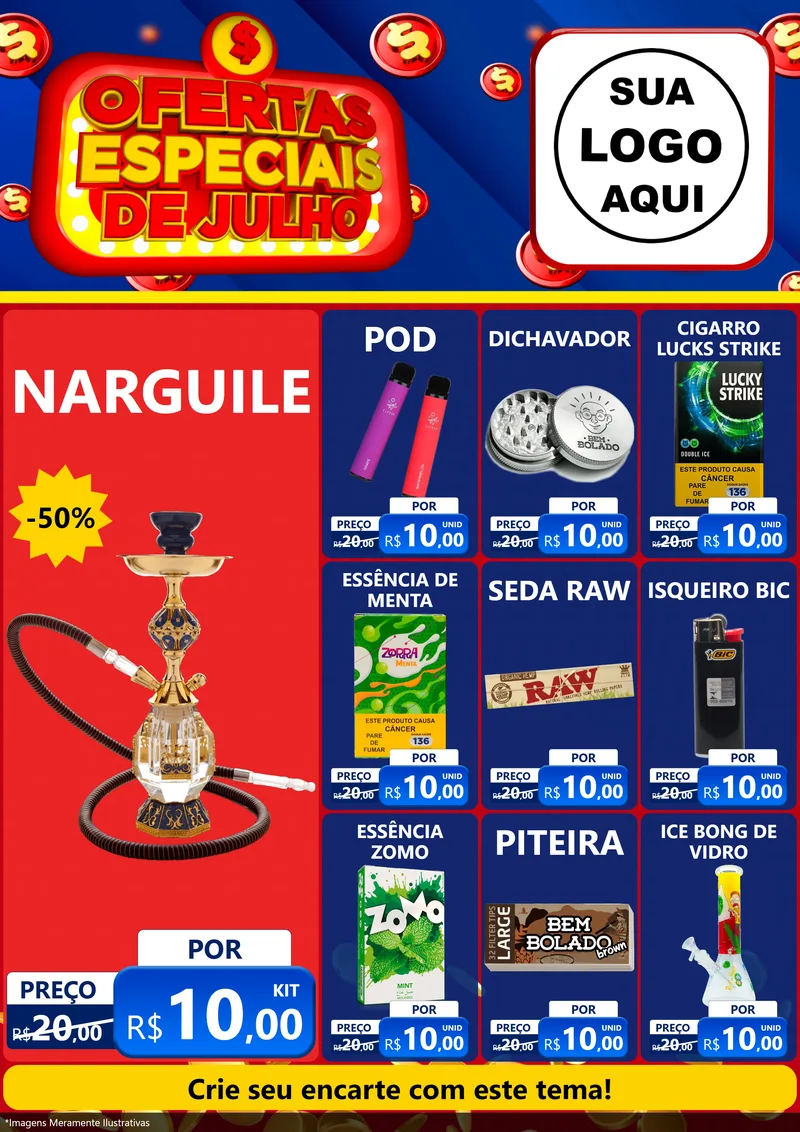 Modelo de Encarte para Encarte A4 Vertical com o tema Ofertas Especiais de Julho para Tabacaria