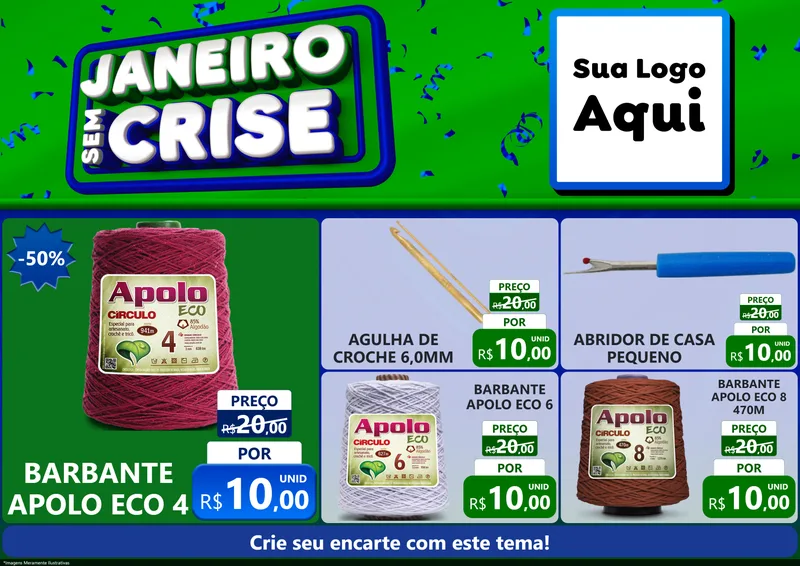 Modelo de Encarte para Encarte A4 Horizontal com o tema Janeiro Sem Crise para Armarinho e Aviamentos