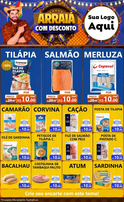 Modelo de Encarte para Encarte Grande com o tema Arraiá Com Desconto para Peixaria