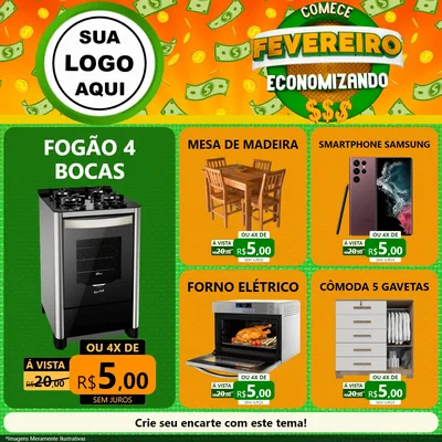 Modelo de Rede Social para Feed Facebook com o tema Comece Fevereiro Economizando para Móveis e Eletro