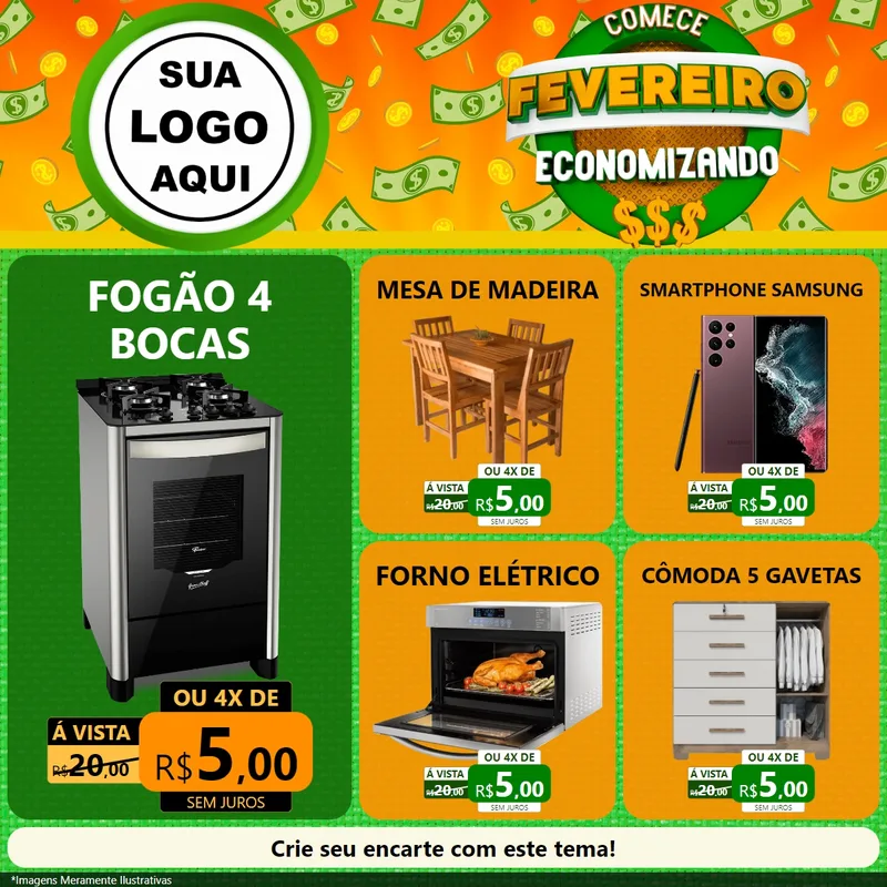 Modelo de Rede Social para Feed Facebook com o tema Comece Fevereiro Economizando para Móveis e Eletro