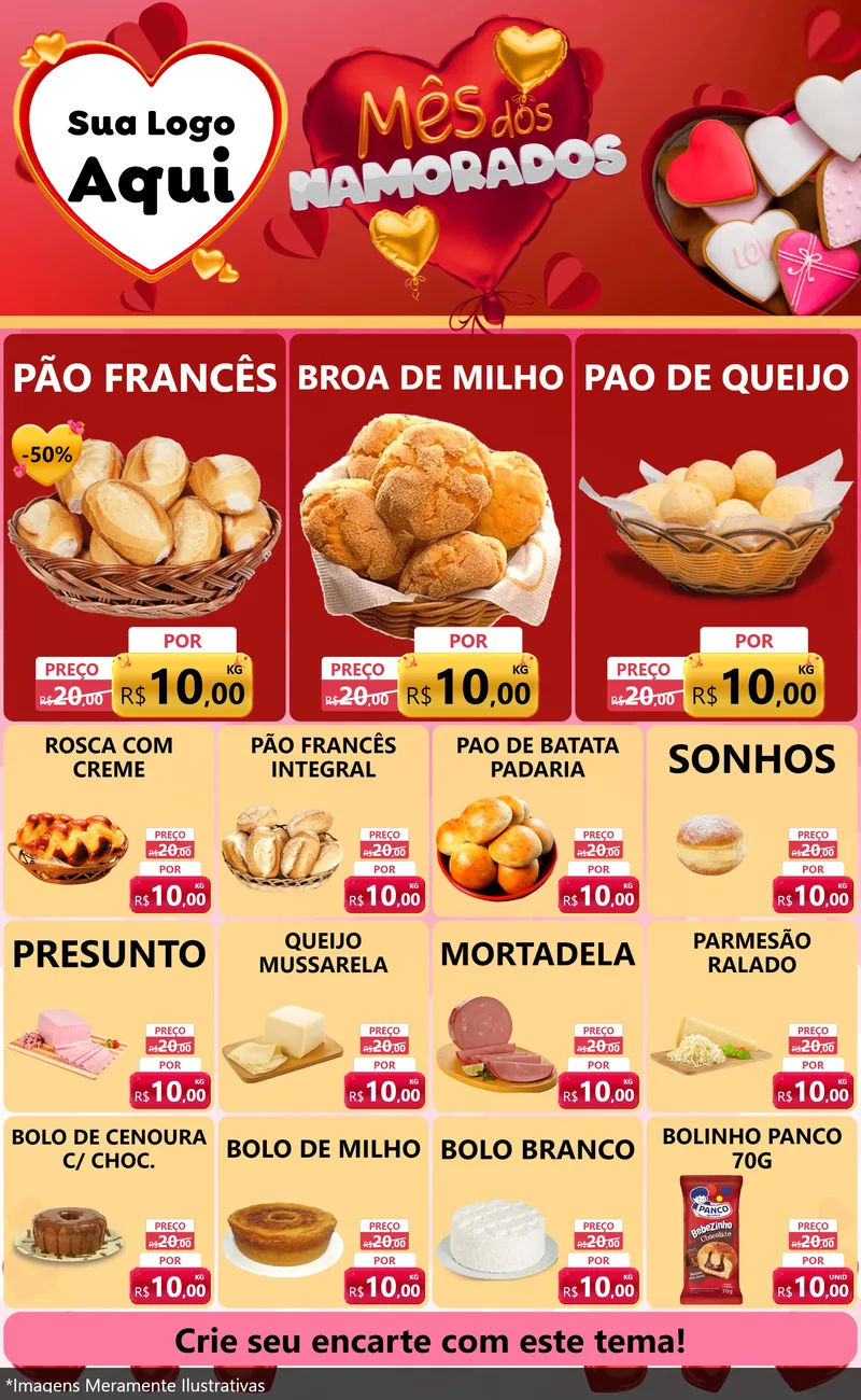 Modelo de Encarte para Encarte Grande com o tema Mês dos Namorados para Padaria