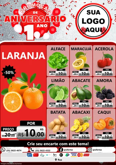 Modelo de Encarte para Encarte A4 Vertical com o tema Promoção de Aniversário - 1 Ano para Hortifrúti