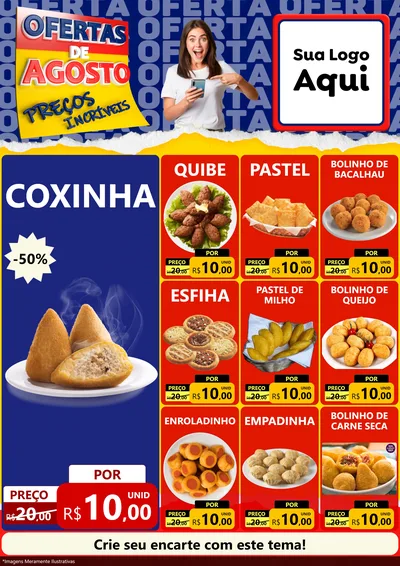 Modelo de Encarte para Encarte A4 Vertical com o tema Ofertas de Agosto - Preços Incríveis para Salgadaria