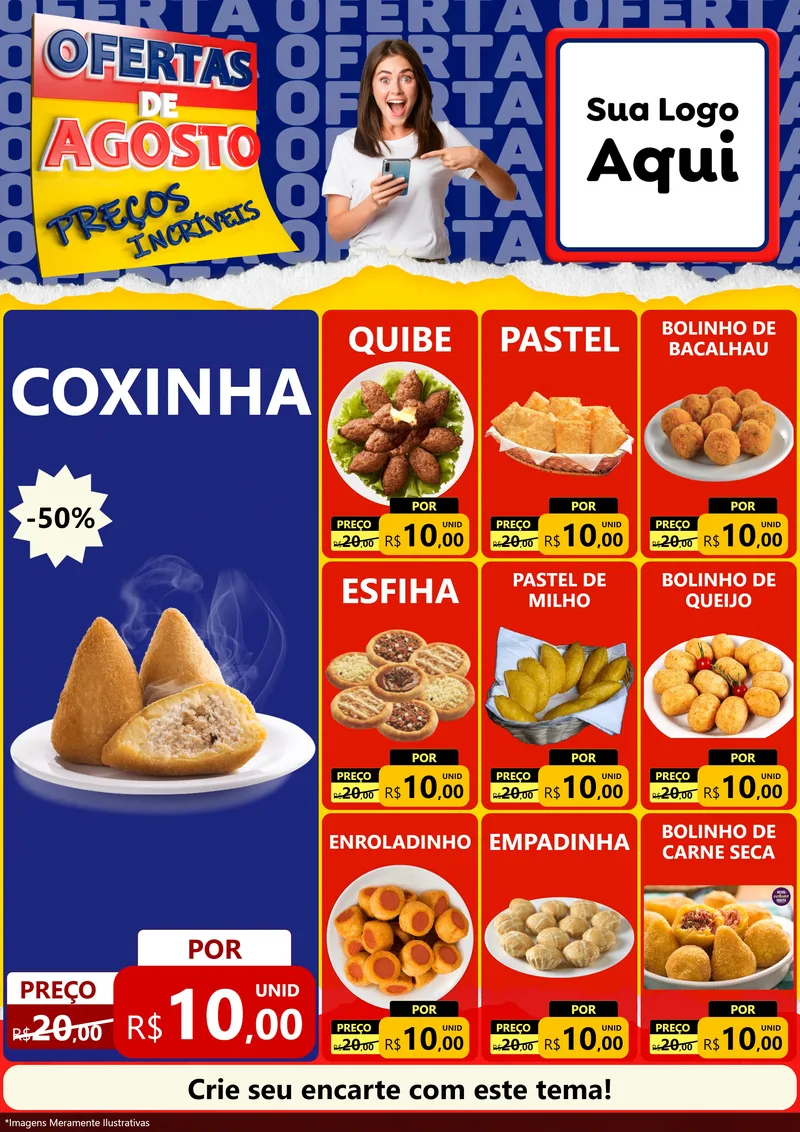 Modelo de Encarte para Encarte A4 Vertical com o tema Ofertas de Agosto - Preços Incríveis para Salgadaria