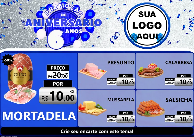 Modelo de Encarte para Encarte A4 Horizontal com o tema Promoção de Aniversário - 6 Anos para Frios e Laticínios