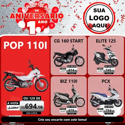 Modelo de Rede Social para Feed Facebook com o tema Promoção de Aniversário - 1 Ano para Concessionaria de Motos