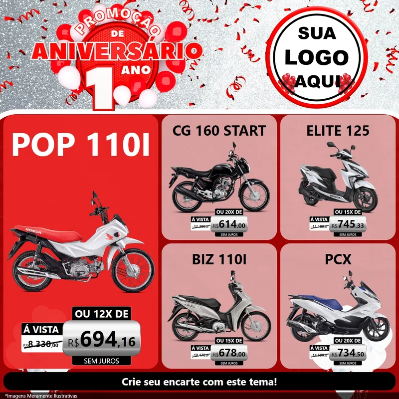 Modelo de Rede Social para Feed Facebook com o tema Promoção de Aniversário - 1 Ano para Concessionaria de Motos