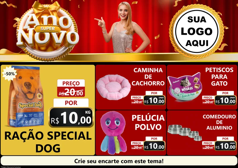 Modelo de Encarte para Encarte A4 Horizontal com o tema Super Ano Novo para Pet Shop