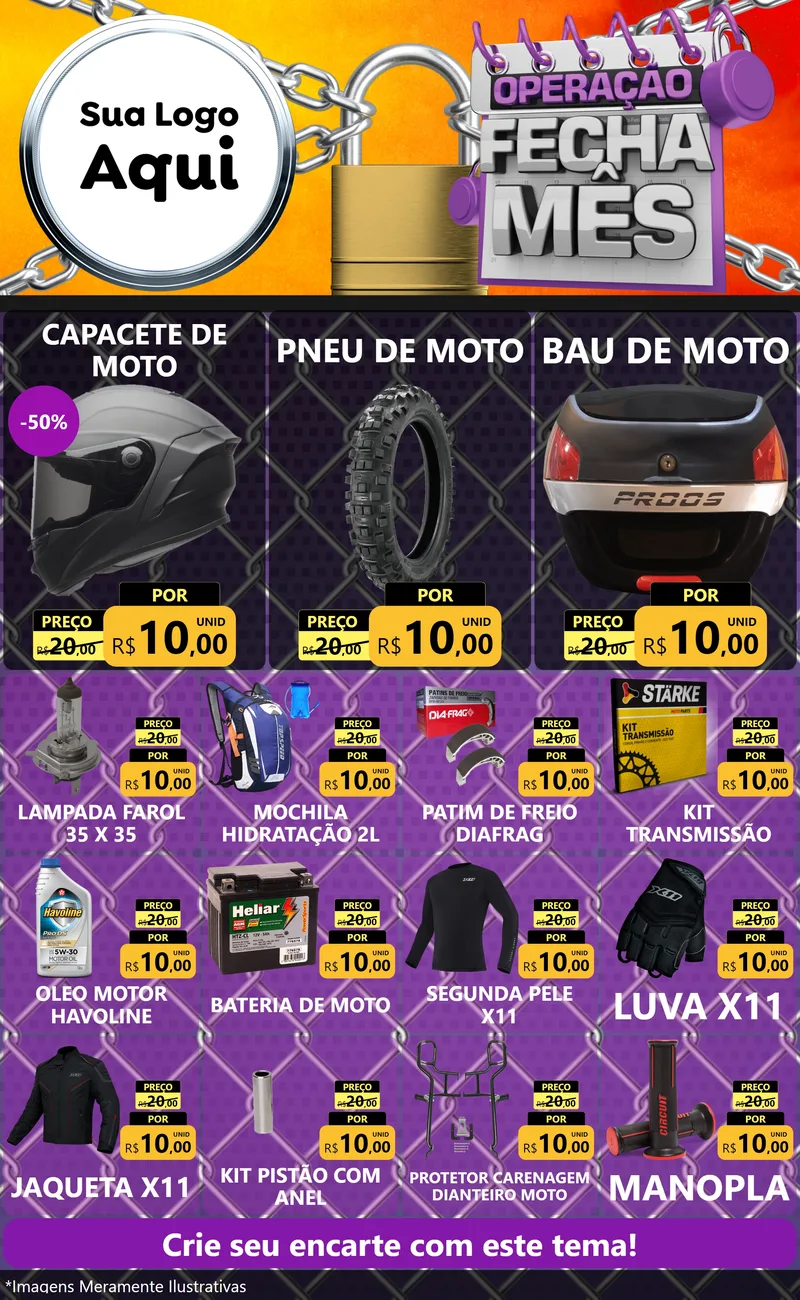Modelo de Encarte para Encarte Grande com o tema Operação Fecha Mês para Moto peças