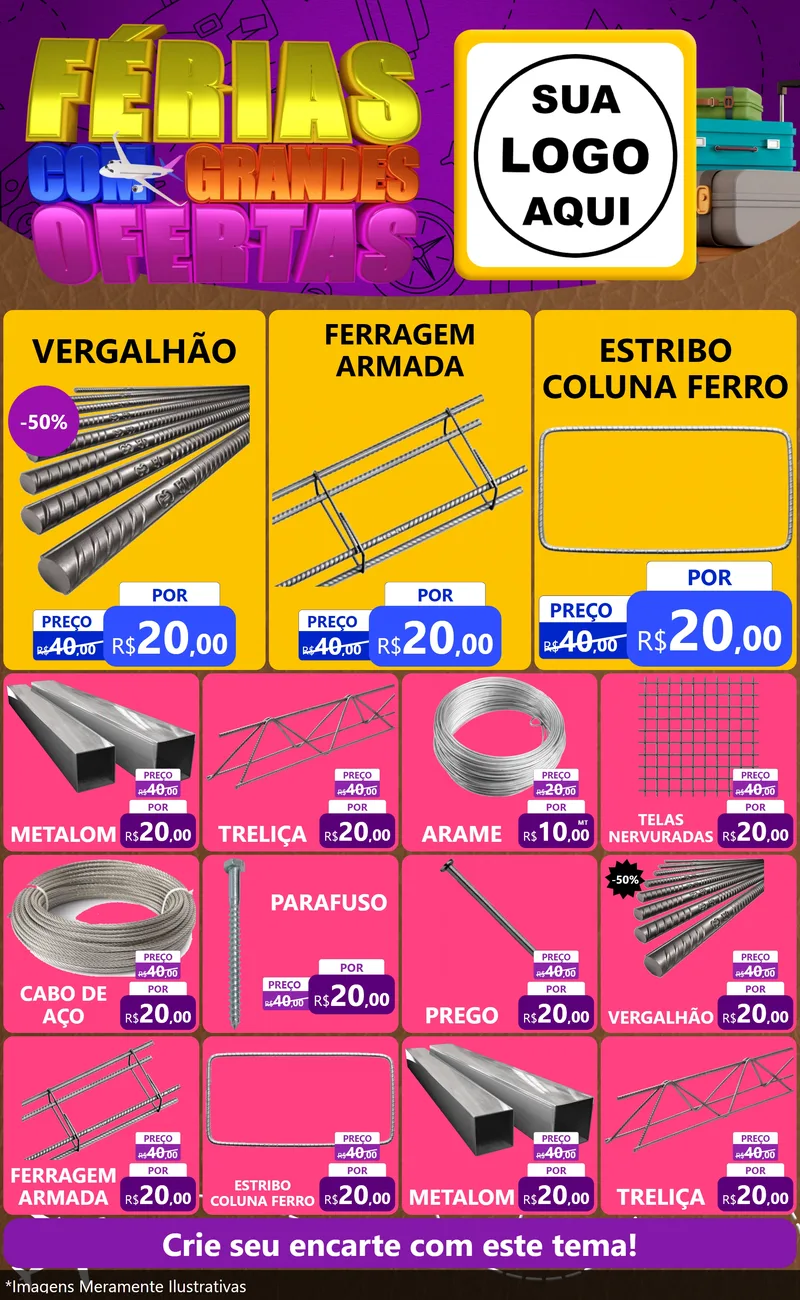 Modelo de Encarte para Encarte Grande com o tema Férias com Grandes Ofertas para Ferragens