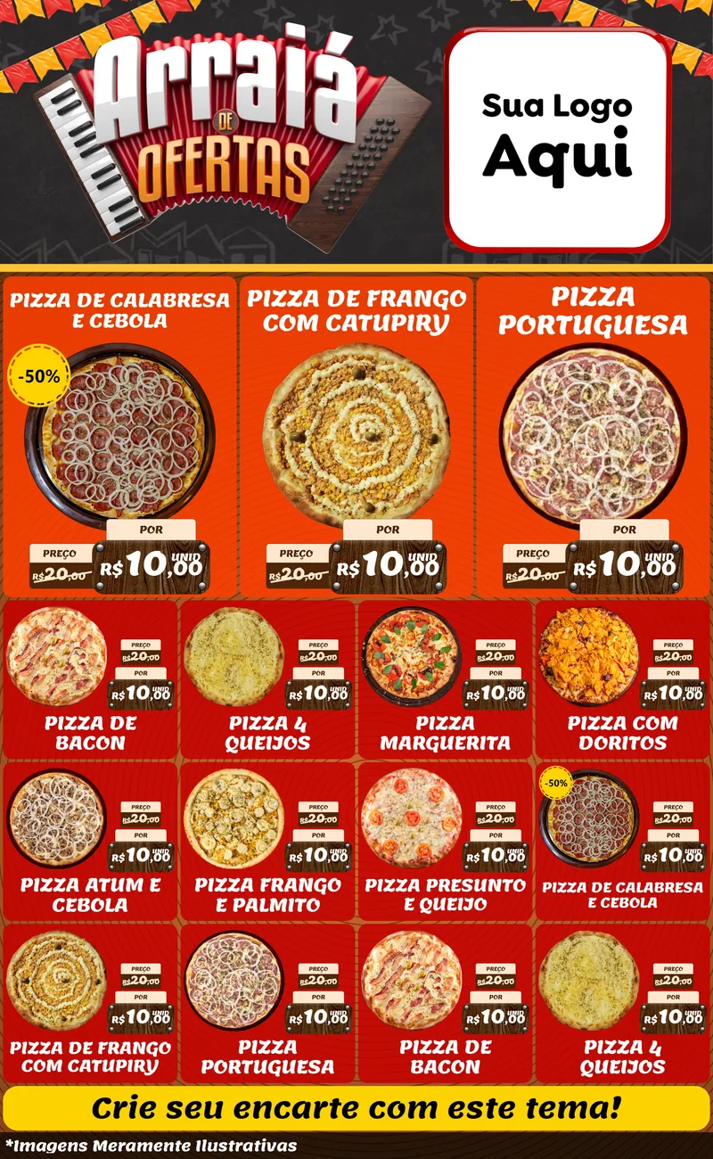 Modelo de Encarte para Encarte Grande com o tema Arraiá de Ofertas - Junina para Pizzaria