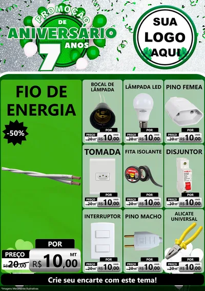 Modelo de Encarte para Encarte A4 Vertical com o tema Promoção de Aniversário - 7 Anos para Materiais Elétricos