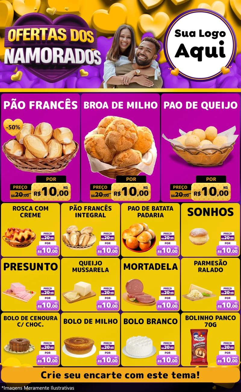 Modelo de Encarte para Encarte Grande com o tema Oferta Dos Namorados para Padaria