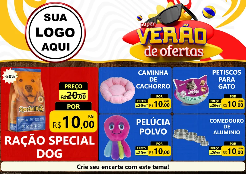 Modelo de Encarte para Encarte A4 Horizontal com o tema Super Verão de Ofertas para Pet Shop