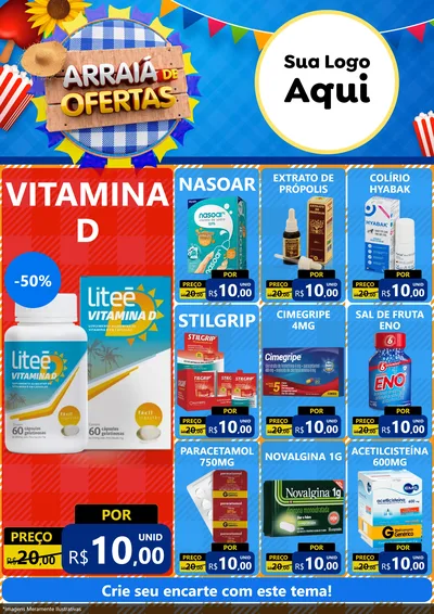 Modelo de Encarte para Encarte A4 Vertical com o tema Arraiá de Ofertas para Farmácia