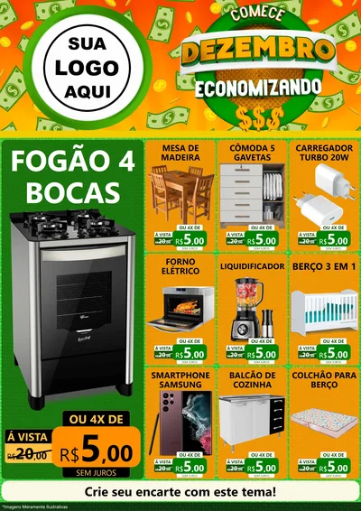 Modelo de Encarte para Encarte A4 Vertical com o tema Comece Dezembro Economizando para Móveis e Eletro