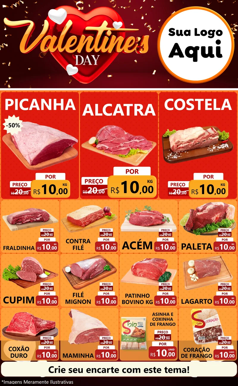 Modelo de Encarte para Encarte Grande com o tema Valentine's Day para Açougue