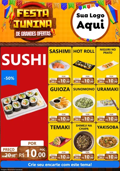 Modelo de Encarte para Encarte A4 Vertical com o tema Festa Junina de Grandes Ofertas para Comida japonesa