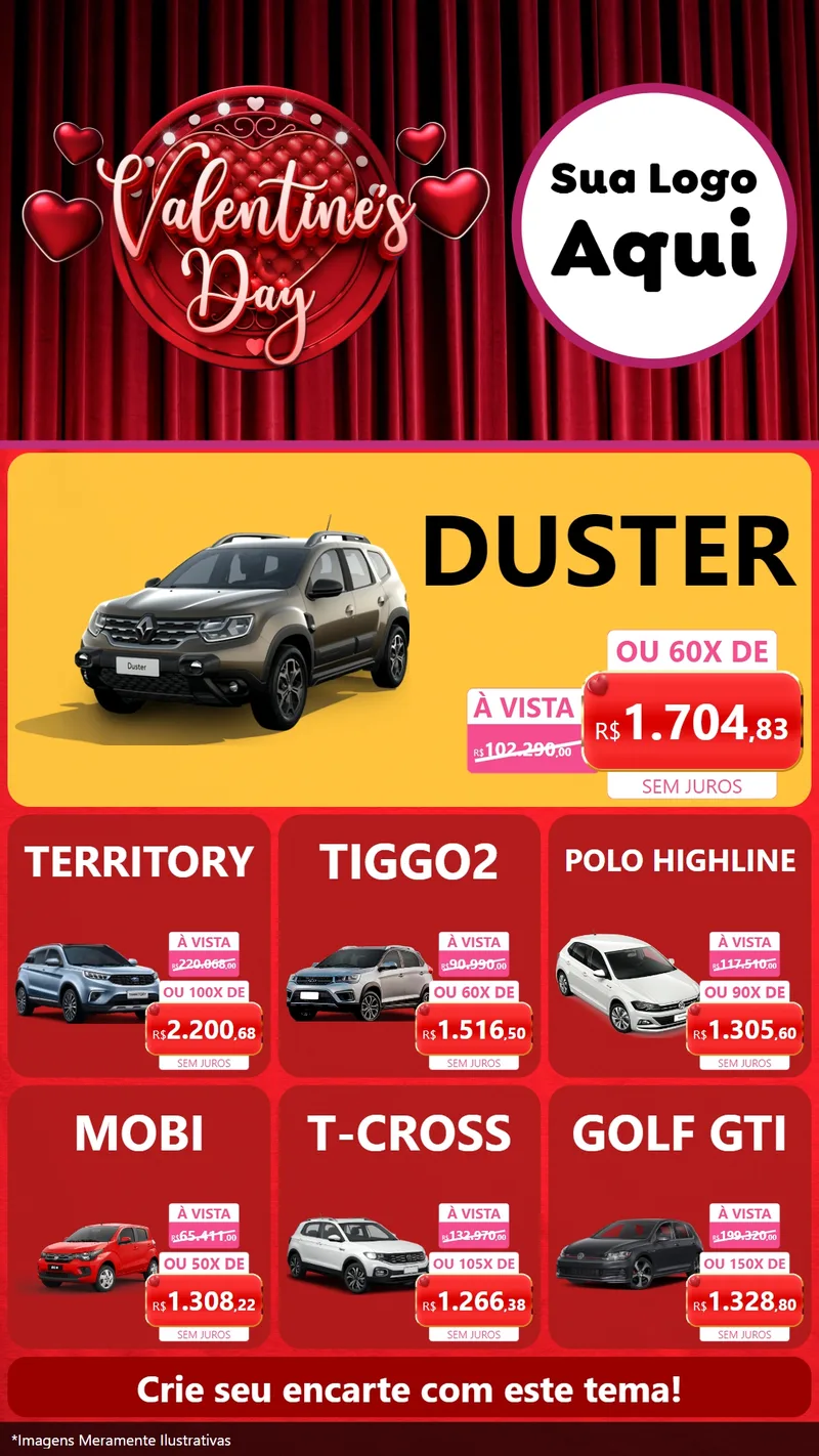 Modelo de Rede Social para Stories com o tema Valentine's Day para Concessionaria de Carros