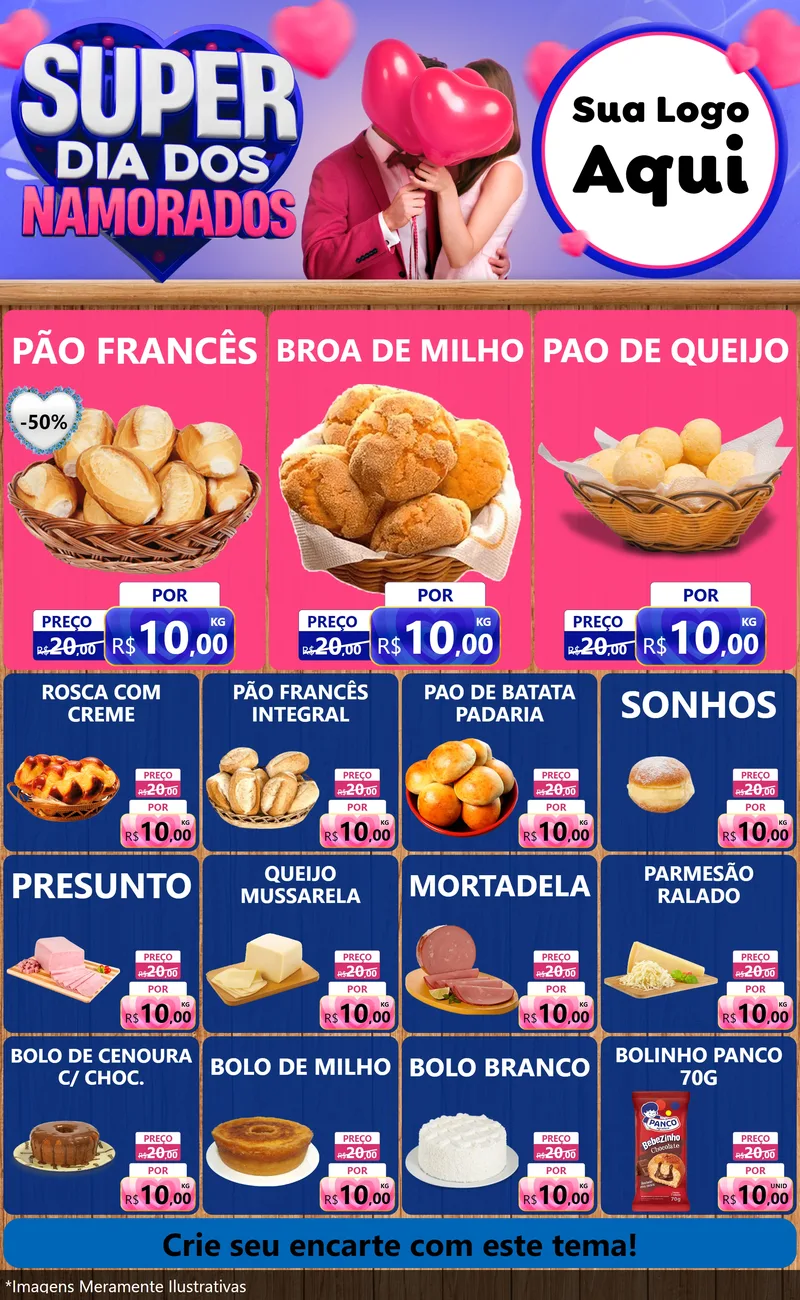 Modelo de Encarte para Encarte Grande com o tema Super Dia dos Namorados para Padaria