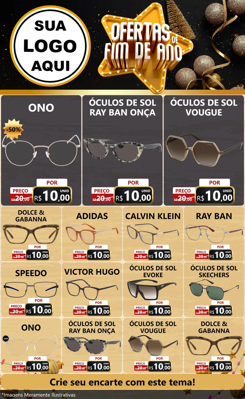Modelo de Encarte para Encarte Grande com o tema Ofertas de Fim de Ano para Óticas